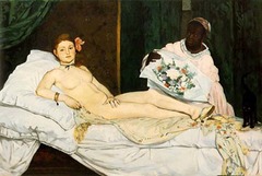 Olympia
c. 1863
Artist: Manet
Period: Realism
Inspired by Titian's Venus of Urbino, figures is cold and uninviting, no emotion.