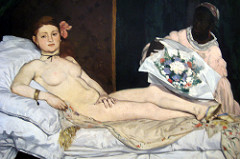 Olympia

Edouard Manet, 1863, OIl on Canvas

Created a scandal at the Salon of 1865
Traditional subject of a reclining nude inspired by Titian's Venus of Urbino
Figure is cold and uninviting, no emotion present
Maid deliver flowers from an admirer
Olympia was a common name for prostitutes of the time
Her direct, uncaring, unnerving look of confidence startled viewers as she acknowledged that the viewer was there but still didnt care that she was naked
Simplified modeling, active brushwork
Stark contrast of colors
Mistress used Parisian men
Female nude no longer idealized and perfect like past, lips to thin, asymetrical face
Figure lacks modeling everywhere except hands, critics pointed this out saying that her hands were 