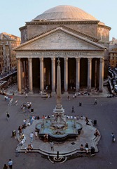 Pantheon

Imperial Rome, 118-125 C.E. 
Concrete with stone facing

Commisioned by Hadrian
Temple used to worship all Roman gods
Colonnaded porch with corinthian columns, monoliths as they are one whole piece not cut like the Greeks, imported from Egypt
Facade has two pediments 
Square panels on the floor along with the square coffering contrast against the roundness of the wall
Dome with coffering 
Width exactly the same as height as if two spheres came together to construct the building, symbolizes the two spheres of life, earth and heaven where the gods lived
Walls very thick to support the weight of the dome
Open, uninterrupted space
Oculus allows from light to come in, acts as a sundial as a circle of light moved across the structure throughout the day
Inside has seven niches housing statues of gods with corinthian columns in between them
Possibly the most influential structure in history

Interior View as well