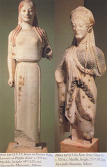 Peplos Kore and Another Kore figure, from Athenian Acropolis (530 and 510 B.C.) ~ Archaic Sculpture

Colored with encaustic (melted wax), hair of both=more free-flowing, Peplos Kore-not as much form under clothes, Other Kore-more human form and realistic fall of drapery. (Other Kore-Orientalizing aspects).
