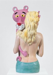 Pink Panther

Jeff Koons, 1988, Glazed Porcelain

Commentary on celebrity romance, sexulatiy, commercialism, pop culture
- Jeff Koons does not make his own art he makes other people make it
- artificially idealized ( yellow hair, bright red lips, fake look) and life size
- kitsch
- woman is supposed to be Jayne Mansfield who is a popular screen star
- Pink Panther is a cartoon character from a series of American movies
- panthers gesture has tender delicacy
- part of series called 