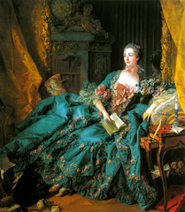 Portrait of Madame de Pompadour, Francois Boucher, 1756
Style: Rococo
This is an oil on canvas painting by Boucher. This painting depicts madame de pompadour posing in an elegant room. Madame de Pompadour was a mistress of King Louis XV and was a very big patron of Boucher. Madame de Pompadour was a larger presence in the court than other mistresses because she had a cordial relationship with the queen. In the painting Madame De Pompadour is reading a book which shows that this woman is actually intelligent and not just a regular woman. She is dressed in an elegant blue dress that is obviously a very expensive which indicates that she is a person of wealth. She is covered in flowers and there are flowers at her feet which make her a symbol of desire like many Rococo paintings. The room she is in is very elaborate. This painting was for her to show the king her love and desire.