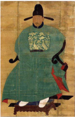 Portrait of Sin Sukju

Imperial Bureau of Painting. c. 15th century C.E. Hanging scroll (ink and color on silk)

Korean prime minister (1461-1464 and from 1471-1475) and soldier
Portrait made when he was a second grade civil officer: insignia designed with clouds and a wild goose.
Korean protraits emphasize how the subject made a great contribution to he country and how the spirit of loyalty to king and country was valued by Confucian philosophy 
Repainted over the years, especially in 1475, when he died. 
Great scholar 
Hanging scroll