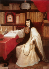 Portrait of Sor Juana Ines de la Cruz

Cabrera, 1750, Oil on canvas 

Sor Juana de la Cruz was a child prodigy in literature 
Creole woman who became a nun in 1669
Feminist culture still survived in Mexican convents where privileged nuns livd in comfort with servants and households
Literary figure, published books that were widely read, also wrote poetry and theatrical pieces
Maintained a great library
Instrumental in giving girls an education in a patriarchal world
Waring the habit of the religious order of the Hermits of St. Jerome including the escudo (framed painting worn belox the neck in spanish society) 
Seated in her library surrounded by symbols of her faith and learning
Portrait derives from an earlier self portrait she made
Done 55 years after her death for her admirers to worship