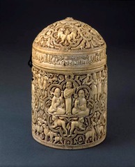 Pyxis of al-Mughira

Umayyad 968 C.E., Ivory

Calligraphic inscription in Arabic identifies the owneras al-Mughira, son of a caliph, asks for Allah's blessing, tell the function of the Pyxis
Used as a container for expensive aromatics
Gift for the caliphs younger son at the time
Horror Vacui present as the entire space is filled with patterning
Vegetal/Geometric motifs
8 medallion scenes showing the pleasure activities of the royal court
Muslim Spain