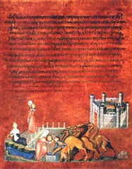 Rebecca and Eliezer at the Well and Jacob Wrestling the Angel, from the Vienna Genesis. Early Byzantine. early 6th century ce Illuminated manuscript....tempera, gold, and silver on purple vellum