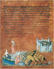 Rebecca and Eliezer at the Well and Jacob Wrestling the Angel, from the Vienna Genesis. Early Byzantine. early 6th century CE. illuminated manuscript(pigments on vellum)
Form: tempera, gold, and silver on purple vellum, codex(imagery and written text), ancestor of modern book; sheets(purple for divinity) of parchment and of sturdy vellum, miniature city, 