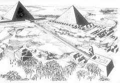 *Reconstruction Drawing of the Pyramids*
2550-2500 BC
Gizeh, Egypt
Old Kingdom
Stone

Reconstruction of what the pyramids would have looked like in their full glory.