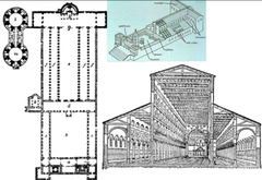 Reconstruction of plan, interior and exterior of Old St. Peter's, commissioned by Constantine, Rome, 320-327 (Early Christian Architecture)