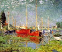 Red Boats, Argenteuil, Claude Monet, 1875, Fogg Art Museum, Cambridge, Massachusetts, impressionism, 1.) Motif - Man with Nature = very involved, Bourgeoise want to be with nature. 2.) Color = The Red Boat serves as anchor to the painting so that viewers eyes do not stray from what is right in front of them. 3.) Truncated Image = creating an illusion that there is more to the painting, builders kept the trees to try and maintain a more natural appearance to the up and coming modern society.