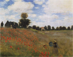 Red poppies at Argenteuil, Claude Monet, 1873, Musee d'Orsay, impressionism, 1.) Color = the coloring of the people is similar to the color of the background. The artist embeds the humans in the back so initially we do not recognize them. 2.) Diagonal = gives the impression of the hill with the flowers. 3.) Space = Monet leaves space with placement of red dots to give a rolling affect. The flowers and the grass become more distinct as we get closer to it. Illusion with the suspension of flowers.