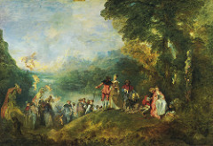 Return From Cythera, Jean-Antoine Watteau, 1717, The Louvre
Style: Rococo
This painting depicts a group of people returning from the mythical island of Cythera. This painting portrays love. Cythera is the birthplace of the Greek god Venus which is the goddess of love. Everybody in this painting is touching each other and moves in a line which is a reflection of Rococo. There are many interactions between men and women in this painting which shows love. There is the couple on the right who are holding each other, the couple dancing, and another couple talking. At the bottom of the hill there are many other couples that are getting ready to get on the boat. It is unclear whether or not they are leaving Cythera. There is a statue of Venus in this painting which also portrays love. The light wispy brushstrokes and hazy landscape makes it hard to tell what time of day it is.
