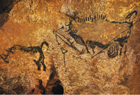 Rhinoceros, wounded man, and disemboweled bison, painting in the well of the cave at Lascaux