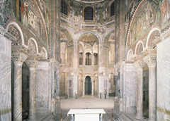 San Vitale Interior

Ravenna Italy, Early Byzantine, 6th century, brick marble, stone veneer, mosaic

8 sided, centrally planned church
Plain exterior with bricks used from previous Roman structures
Many windows to allow tremendous amount of light to illuminate the mosaics inside
Interior with thin unique columns and open arched spaces
Interior elements dematerialize the mass of the structure
Martyrium for St. Vitalis