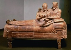 Sarcophagus of the Spouses - 520 BCE
Period: Rome, Etruscan
Material: hollow terra cotta
Function: storage for ashes in tombs
Context: man & woman = gender equality
-twisted body form/poses