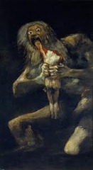 Saturn devouring one of his children
c. 1819
Artist: Goya
Period: Spanish Romantic
One of his black wall paintings. Symbolic of: human self-destruction, time destroys all its creations, a country eating its young in pointless wars.