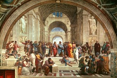 School of Athens

 Raphael, 1509-1511, Fresco, Vatican Apartments

Comisioned by Pope Julius II to decorate his library, Philosophy cause books would be around it
One of the 4 frescoes, this representing Philosophy, the other Theology, Poetry, and Law; the subjects of the books in the papal library
Congregation of all the great Greek philosophers 
Open clear light uniformly spread throughout the composition
Nobility/Monumentality of forms parallels to the greatness of the figures shown
Figures shown making philisophical hand gestures
Center sees Plato pointing up and Aristotle pointing down
Bramante, the popes architect displayed in bottom right as Euclid
Raphael in the corner at the far right 
Michelangelo shown in foreground as Heraclitus as he is isolated from the groups
Figures are grouped together and compostion shows influence of Da Vinci's Last Supper
Two rows of figures, with their heads forming two perfectly straight horizontal lines
Orthogonals present meeting at a vanishing point between the heads of the central figures (linear perspective)
Members of each field (math, science,etc.) placed together