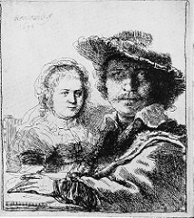 Self-Portrait with Saskia

Rembrandt, 1636, Etching

Baroque
Only etching showing Rembrandt with his wife together
30 yr old Rembrandt shown with his new wife
Not wearing contemporary dress, but a traditional one Images of Saskia abundant in Rembrandt's works as she was a great inspiration to him
Wears a large hat which casts a dark shadow over his eyes, adding a sense of mystery to the serious expression he is showing
Marital harmony represented
Wife and mother of four
Rembrandt shows himself drawing, the most basic artistic skill that he has mastered
Rembrandt made etching popular and master of the skill by showing he has the skill to vary the degree of bitting that occurs against the metal plate
Rembrandt is more bitten making him darker and seem closer to the viewer and put mor eemphasis on himself