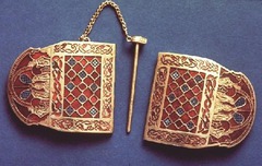 Shoulder Clasp, from the Sutton Hoo Ship Burial, England, 7th century CE, gold, granet, milldfiori (Migration Art or Anglo-Saxon Art)
