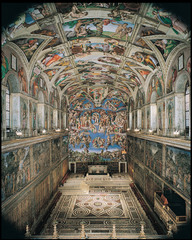 Sistine Chapel ceiling and altar wall frescoes.