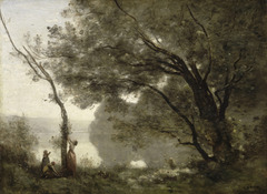 Souvenir du nord by Jean-Baptist Camille Corot; 1860; Realism; Musee d'Orsay; Monarchy and nobles bought paintings in past to be put in their chateaus to show their status, Smaller art now being purchased by Bourgeois to fill their homes, which are smaller that chateaus (now live in town homes and apartments), Smaller canvas also because of painting environment (outside), You feel he has been integrated into the setting, He is not mixing the paint on the palette; he immediately applies the blob of paint to the canvas