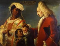 Spainard and Indian Produce a Mestizo

Juan Juarez, 1715, Oil on Canvas

Panel from a series of Casta paintings (paintings displaying lineages)
Spanish social hierarchy with Eropean ancestry at top
Spanish blood linked to civilizing forces
Figures wearing lavish costumes
Africans/Indians rendered with respect showing harmony between the mixing classes
Indians would be portrayed with European facial characteristics, Slim nose, curly hair, etc.
Commisioned by colonists to be sent to Europe to show how the caste system of the New world works
Viewed not as art but illustrations of ethnic groups