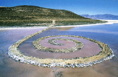 Spiral Jetty. Great Salt Lake, Utah, Robert Smithson. 1970. Earthwork, mud, precipitated salt crystals, rocks, and water coil.