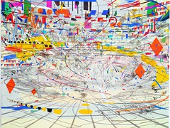 Stadia II

Mehretu, 2004, Ink/Acrylic on Canvas

- Abstract elements, but tiles elude meaning
- stylized renderings of a stadium
- forms suggest the excitement in circular space surrounded by international viewers
- uses multi-layered lines to create animation in the work
- sweeping lines create depth, focus attention to center where color, flags, icons, all originate