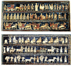 Standard of Ur from Royal Tombs at Ur

Sumeria, 2600-2400 B.C.E.
Wood, shells, lazuli and red limestone

Two sides, one of war, and one of peace, early use of historical narrative
Figures organized into registers on ground lines read top to bottom
War Side: Sumerian king taller and in center, descended from chariot to inspect enemies brought to him
Lower row shows chariots riding over dead bodies

Peace Side: Food brought in a procession to the banquet, musician playing a lyre, ruler wears kilts and is larger than other figures

Mediums used reflects extensive trade networks as they got their materials from different reigons
Figures shown in profile with broad shoulders and emphasis on face