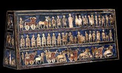 Standard of Ur from the Royal tombs at Ur. Sumerian. c. 2600- 2400 bce. wood inlaid with shell, lapis lazuli, and red limestone