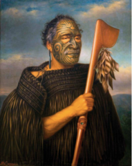Tamati Waka Nene

Lindauer, 1890, Oil on canvas
New Zealand painter, famous for portraits of Maori chieftains
journeyman painter-tradesmen who worked on commission
subject is Tamati Waka Nene, chief and convert to the Wesleyan faith
Painting was done after the chiefs death, based on a photograph by John Crombie
Emphasis placed on symbols of rank; elaborate tattooing, staff with an eye in the center, feathers dangling from the staff