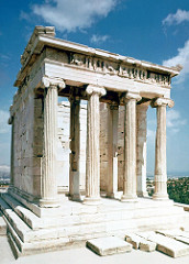 Temple of Athena Nike 
Acropolis

Amphiprostyle, four columns in front and four on sides
Commemorates the win at the battle of Marathon where Nike announced the win
Ionic style with ionic columns and a frieze in the entablature
