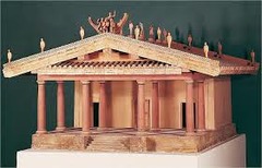 Temple of Minerva - 510 BCE
Period: Rome, Etruscan
Function: worship
Material: mud & wood
-sculpture on roof, not in pediment
-steps & columns are only in front
-cella = 3 rooms w/a door each, goes to edges of stylobate
-mixture of doric/ionic = tuscan