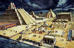 Templo Mayor (Main Temple) 
Tenochtitlan (modern Mexico). Mexica (Aztec). 1375-1520 C.E. Stone (temple); volcanic stone (The Coyolxauhqui Stone); jadeite (Olmec-style mask); basalt (Calendar Stone)
