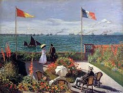 Terrace at Sainte-Adresse, Claude Monet, 1867, The Metropolitan Museum of Art, Impressionism, 1.) Flat = japonisme and photography influence the flatness of the painting. 2.) Color = All of the diverse and varying colors cause viewers not to focus on just one aspect of the painting, but always keep our eyes moving because there is so much to look at. 3.) Leading Lines = The two lines parallel to each other holding up the flags causes viewers eyes to focus on what is in-between the two flag poles, and that is the people looking out at the view as well as the boats displaying leisure time and the ships displaying the industrial revolution.