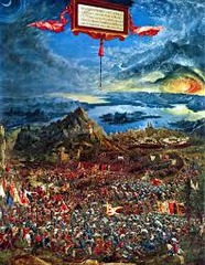 *The Battle of Issus*
*Albrecht Altdorfer*
1529
Oil on panel
16th Century Northern European 

Alexander vs Darius I in 333 BC. Comissioned by Wilhelm IV of Bavaria for a comapaign against invading Turks. Aerilal view. Alexander is known as the Sun God. Sun on right. Crescent moon of Islam on left.