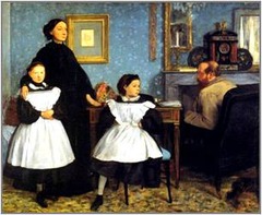 The Bellelli Family, Edgar Degas, 1862
Style: Impressionism
Located: Musee d'Orsay
The wife depicted in this painting is Degas' aunt and the husband is a diplomat. The girl in the middle forms a compositional bridge and a psychological bridge. She is looking in his direction but her body is turned in his direction which shows she has yearning for her father while also maintaining loyalty to her mother.