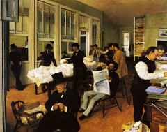 The Cotton Exchange at New Orleans, Edgar Degas, 1873
Style: Impressionism
Located: Musee des Beaux-Arts, Pau, France
Incorporates asymmetrical design because half the painting is busy with the men. The color white anchors the painting. Vertical rectangles dominate the picture in the form of newspapers and doors.