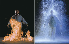The Crossing

Bill Viola, Installation, 1996

- Promoted video as an art form
- Installations were total environments
Two channels of color projections from opposite sides of gallery cast onto 2 large screens with speakers surroundiung the scene
- Fire: flames consume the figure of a man and once complete, disappears
- water: man walks and water falls from above first lightly, then torrent and once complete it goes away and figure no longer present
figures walk in extreme slow motion 
- interested in sense perceptions
- imploed cycle of purification and destruction
- evokes eastern and western spiritual traditions