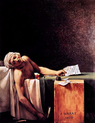 The Death of Marat, Jacques-Louis David, 1793
Style: Neoclassical
This painting depicts the death of Jean-Paul Marat. He was killed by Charlotte Corday. Marat suffered from eczema so he always stayed in his bathtub where he is depicted in this picture. Marat is made to look like god, David used a previous painting of god to pose Marat. Marat's lack of skin conditions and his pose make him into a martyr. The box by his bed represents his tombstone.