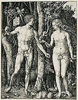 *The Fall of Man*
*Albrecht Dürer*
1504
Engraving
16th Century Northern European 

Genesis. Adam based on Apollo Belvedere. Eve based on Medici Venus. 1504 concept of perfect male and female figures. 4 Humors in cat, elk, ox, rabbit. Cat and mouse tension echoes Adam and Eve tension with snake