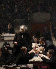 The Gross clinic
c. 1875
Artist: Thomas Eakins
Period: Realism
Reminiscent of Anatomy lesson of Dr. Tulp by Rembrandt. Patients mother in background in tears. Painting celebrates the advance of medical science
