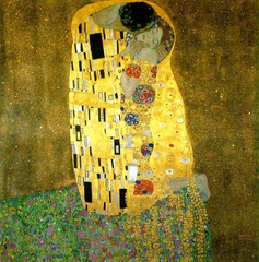 The Kiss

Gustav Klimt, 1907-1908, Oil on Canvas

Fin de Siecle/Art Nouveau 
Visual representation of fin de siecle culture by capturing the opulence of love and sexual powers
Little of the human form is actualy seen, two heads, four hands, two feet
Bodies are suggested under a sea of richly designed patterning
Male figure has large rectangular boxes, female figure has circular forms
Figures dissolve into flat elaborate patterning 
Suggests all consuming love, passion, eroticism
Spaced in an indeterminate location against a flattened background
Gold leaf background reminiscent of Byzantine mosaics