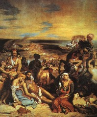 The Massacre at Chios, Eugene Delacriox, 1824. 
Style: French Romanticism. 
This painting shows the horror of wartime and widespread desolation. It is another example of historical events being shown. The characters are shown suffering and dark while the military oppressors are shown in ornate colorful costumes.