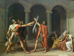 The Oath of the Horatii, Jacques Louis David, 1784, The Louvre
Style: Neoclassical
This painting depicts a scene in which Rome was at war with a city called Alba. the three men in the painting are brothers that are swearing an oath from their father that they will sacrifice themselves if they have to. The men are strong and angular to portray strength. The women in this painting are fluid and soft to show their sadness. The men express their loyalty and solidarity through their strong straight outstretched arms. The columns in the background separate the space by separating the men, the father, and the woman.