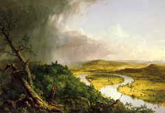 The Oxbow

Thomas Cole, 1836, Oil on canvas

Credited with the invention of the landscape painting in the U.S.
Founder of the Hudson River School
Shows an actual view of Massachusetts
Divides picture into two different contrasting landscapes, romantic on left, classical on right
Coles self portrait in forground amid a dense forest that is impenetrably thick with broken trees
Left landscape shows storms, element of the sublime
Right shows mans touch with cultivated fields and boats floating down the river
Painted as a reply to a British book claiming the Americans had destroyed the wilderness with industry
Painted for an exhibit and at the National Academy of Design
Manifest destiny as it Americans destiny to settle land
Transition from sublime to pastoral
