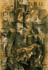 The Portuguese

Georges Braque, 1911, Oil on Canvas

Analytic cubism, style developed in combination with Picasso
Rejected naturalistic and conventional painting
Fractured forms, breaking down of objects into smaller forms
Clear edged surfaces sit on the picture plane, not recessed in space
Almost monochrome
Not a portrait of a portuguese but on exploration of shapes
 Only realistic elements are the stenciled letter and numbers, suggest a dance hall poster behind the guitarist, a cafe atmosphere
*2-D figures from multiple perspectives to convey a sense of totality is a uniquely modern way
Simplified natural forms into geometric shapes*