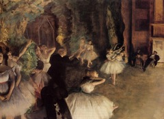 The Rehearsal on Stage
c. 1874
Artist: Degas
Period: Impressionism
Degas mainly focused on ballerinas. Influence of Japanese prints in compositional elements.