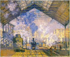 The Saint Lazare Station

Claude Monet, 1877, Oil on Canvas

Shown at the Impressionist exhibition of 1877
One of a series of paintings depicting this train station
Famous for his paintings on te same subject with different lighting during different different times of day and times of the year
Originally meant to be hung next to each other for effect
Effects of steam, light, color, emphasized not about the machines or people
Subtle gradiations of light on the surface
Forms dissolve and dematerialze, color overwhelms form
Color creates form, no line
Light responsible for the tones of color