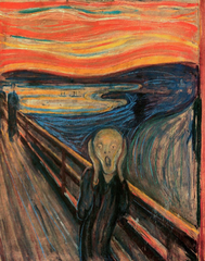 The Scream

Edward Munch, 1893, Tempera and pastel on cardboard

Symbolism
Figure walking on a boardwalk, boats area at sea in the distance
Long thick brushstrokes swirl around the composition
Figure cries in horrifying scream, landscape echoes his emotions
Inspired by a peruvian mummy exhibit in Paris
Starved twisting figure with skull like head
Prefigured expressionist art
Art Nouveau swirling patterns